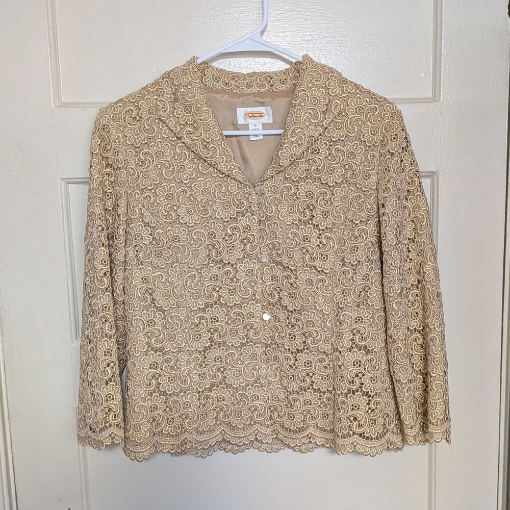 Talbots Gold Metallic Floral Lace Jacket 3/4 Sleeve Evening Formal Size 10